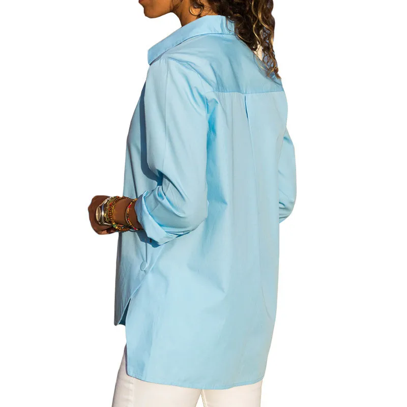 2019 Fashion Office Lady Shirts Long Sleeve Turn-down Collar Shirt White Red Blue Women Tops Blouses Irregularity Button Blusas