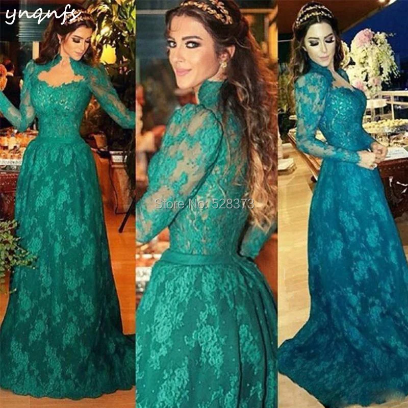 

YNQNFS ED228 Elegant High Neck Long Sleeve Islam Muslim Lace Dress Emerald Green Party Gown Mother of the Bride Dresses 2019