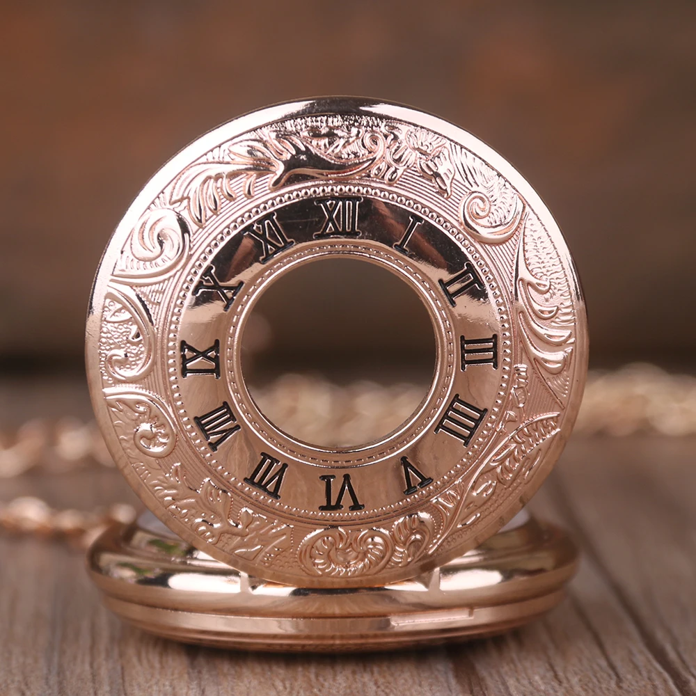 Luxury Rose Gold Roman Numerals Display Manual Mechanical Pocket Watch Steampunk Men's and Women's Necklace Pendant Clock