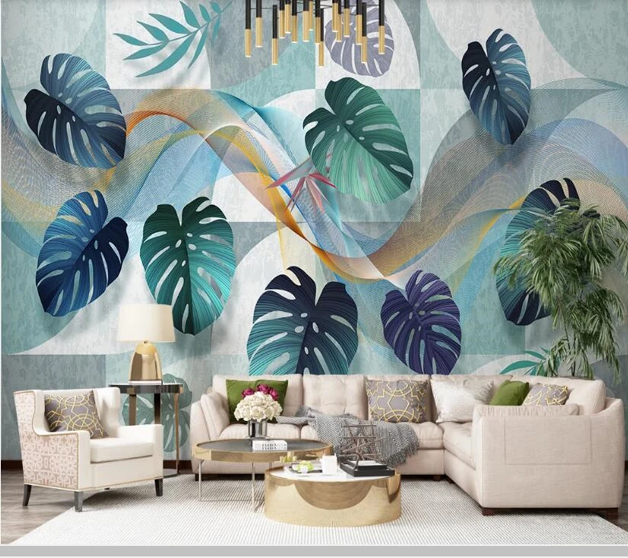 3D-обои с тропическими растениями Современные Геометрические обои листьями для