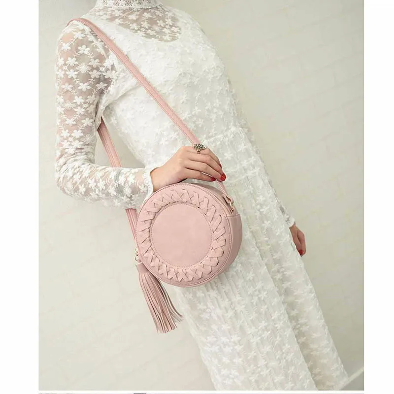 

New Women Leather Round Weave Cross Body Messenger Tassel Shoulder Bag Tote Handbag