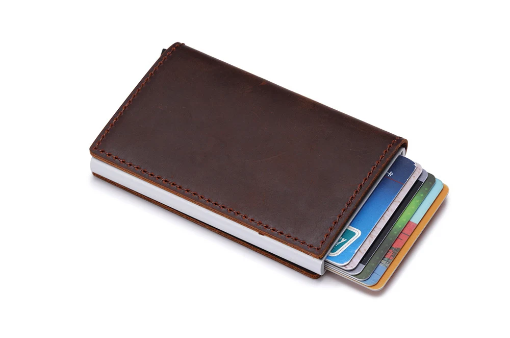 VM Мода KISS RFID Блокировка натуральная кожа Алюминиевый металлический бизнес ID Slim тонкий чехол для карт мини кошелек для мужчин