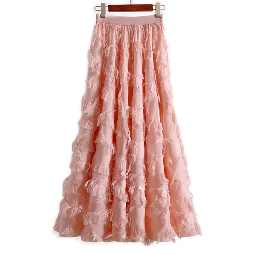 Розовый Autumn Winter Feather Tassel Skirts Ankle Length Chiffon Long Skirts For Women Elastic High Waist TuTu Skirt Saias - Цвет: Розовый