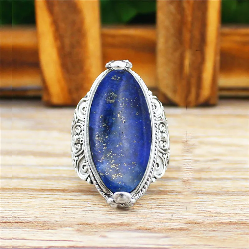 Кольцо с натуральным камнем Lapis кольцо с лазуритом цветок полоса античный посеребренный ювелирные изделия TR664