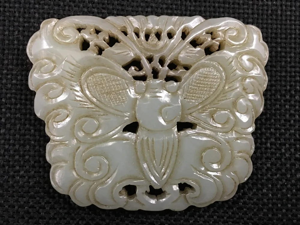 Ming and Qing antiques natural Xinjiang old Hetian jade double-sided butterfly junk ancient pendant hp10# | Украшения и