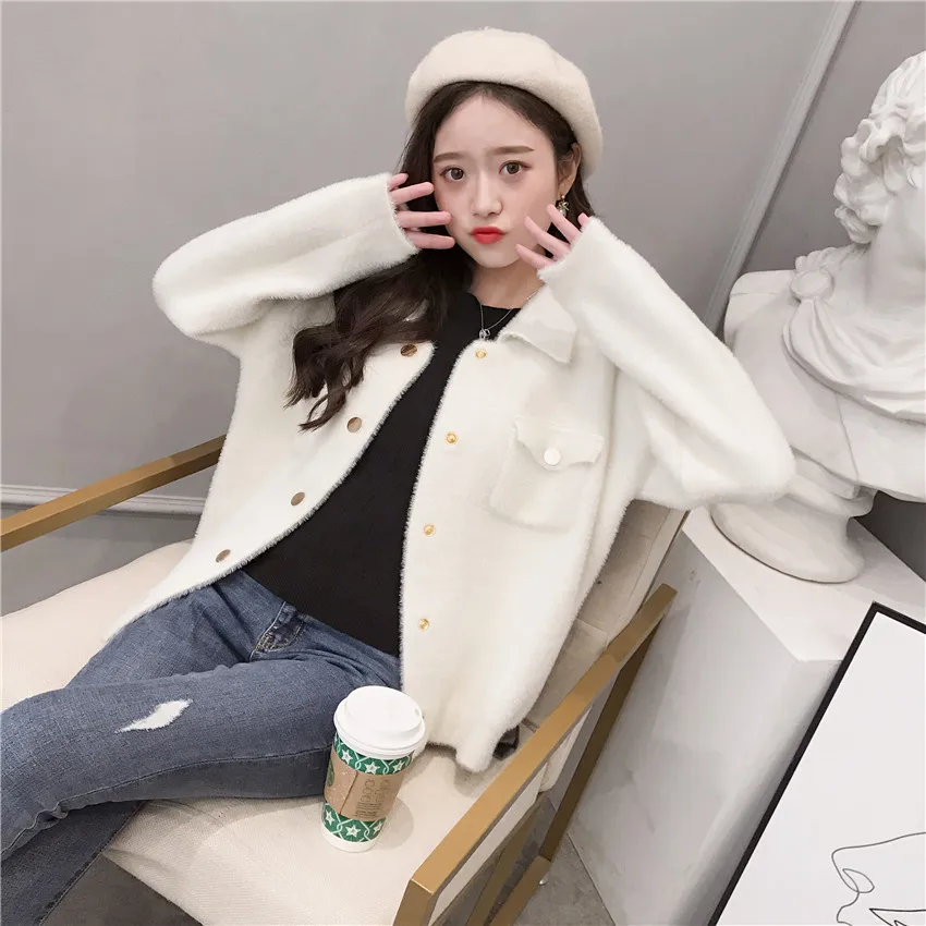 Женский вязаный свитер кашемир с норкой теплый однобортный кардиган осень 2019 |