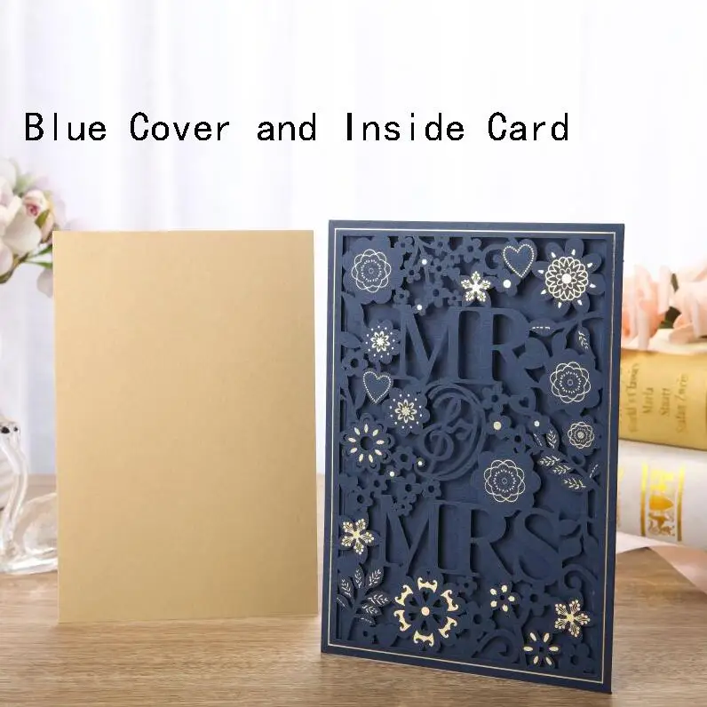 Cover and Inner Card 50 шт. синий лазерная резка, для свадьбы приглашения карты MR& MRS элегантные поздравительные открытки Персонализация конверты свадебные украшение для торжества - Цвет: Cover and Inner Card