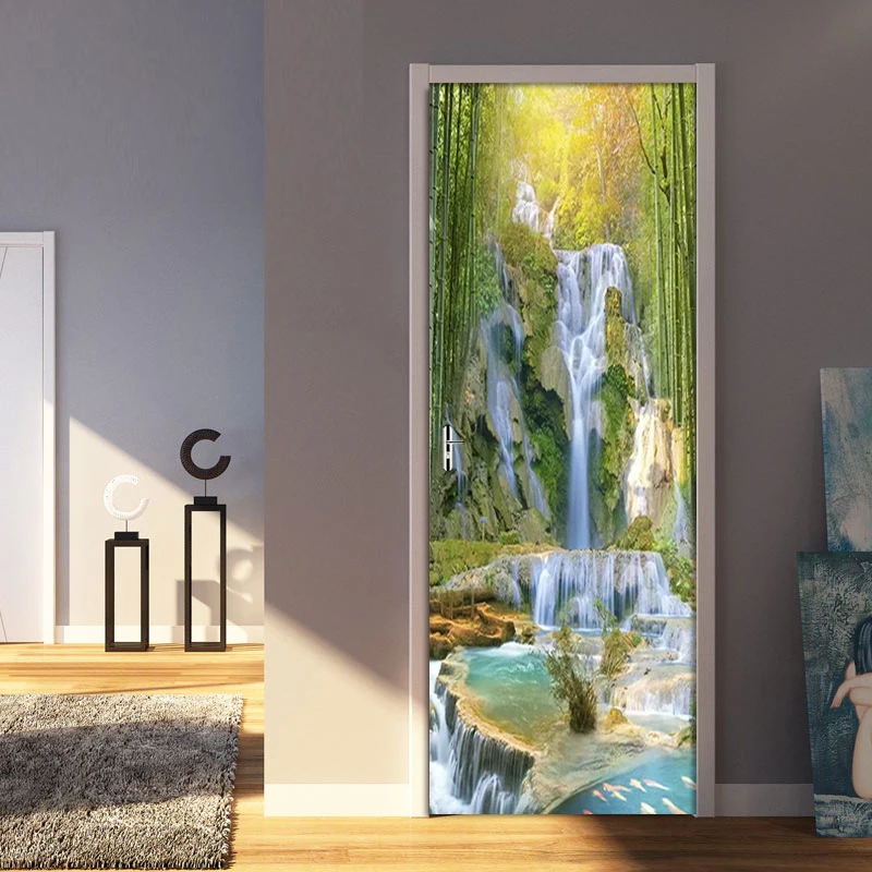 DIY лес водопад аквапарк двери наклейки на стену ПВХ самоклеющиеся 3D обои для гостиной спальни двери Декор наклейки