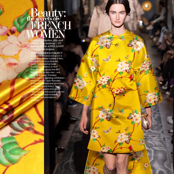 

140cm wide 40mm thick floral bright yellow 35% silk & 65% wool satin fabric for autumn and winter dress jacket clothes cheongsam