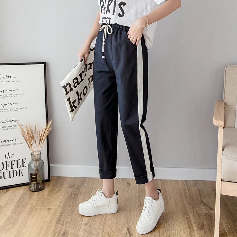Cotton Linen Ankle Length Pants Women's Spring Summer Casual Trousers Pencil Striped Green Pink | Женская одежда