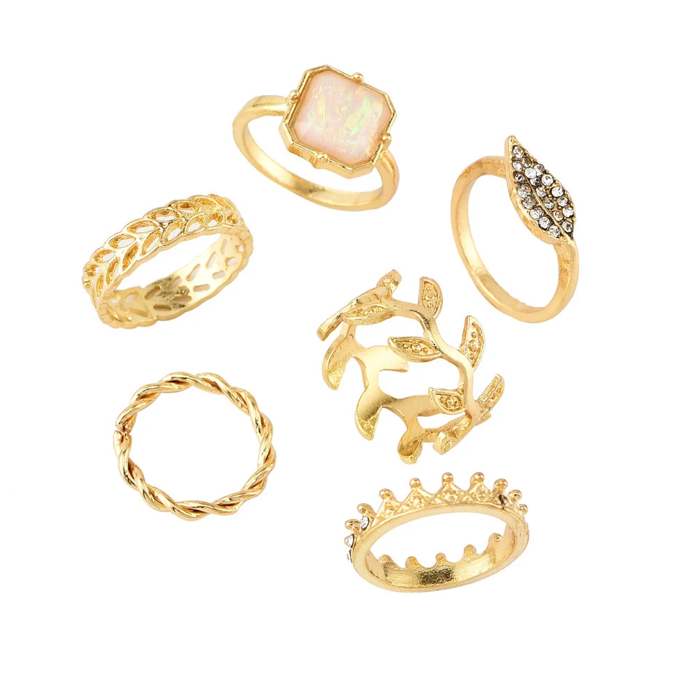 Crystal Leaf White Stone Crown Rope shape Finger Ring For Women New Vintage Gold Knuckle Rings Sets Female Fashion Jewelry | Украшения и