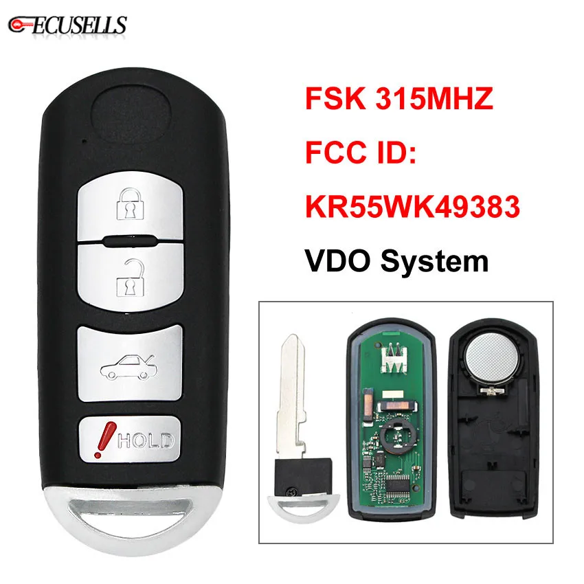 3+ 1/4 кнопки дистанционного управления заготовка аварийная ключ FSK 315 МГц VDO Системы FCC ID: KR55WK49383 необработанное лезвие для Mazda 6 2009 2010 2011 2012 2013