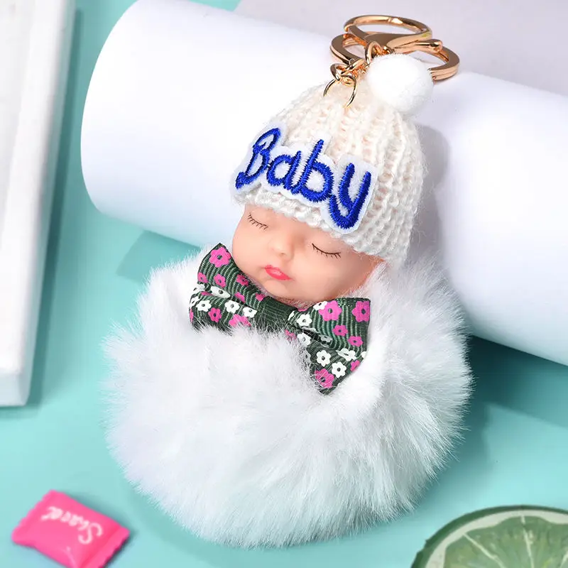 HYBZH Hot Sell Cute Sleeping Baby Doll Key Chain Faux Rabbit Fur Keychain Fluffy Pom Keyring Bag Car Trinket Women Gift | Украшения и