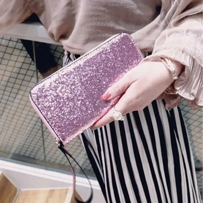 Hot Selling Women Long Wallet Sparkly Sequins PU Leather Bag Hand-held Phone Card Holder-B5