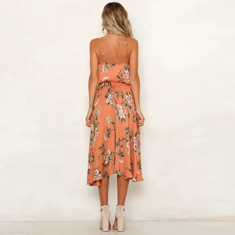 Женское пляжное платье в стиле бохо без рукавов с поясом цветочным принтом лето