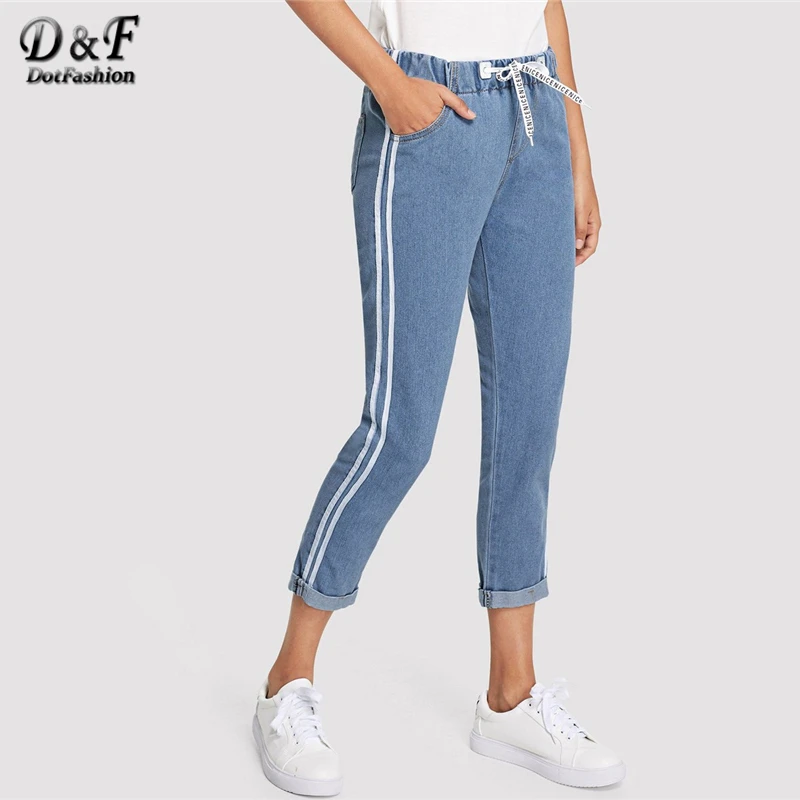 Dotfashion в синюю полоску с узлом сбоку спереди джинсы женщина осень Повседневное штаны с эластичной резинкой на талии укороченные джинсы для Для женщин джинсовые брюки