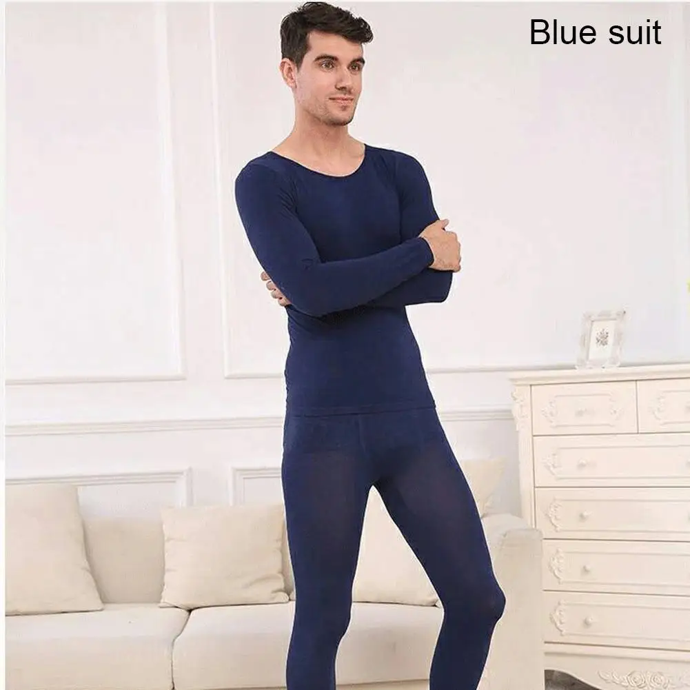 men blue suit Однотонное тонкое женское термобелье, комплект теплых зимних пижам, женские элегантные черные кальсоны с круглым вырезом, Женская термо-одежда - Цвет: men blue suit