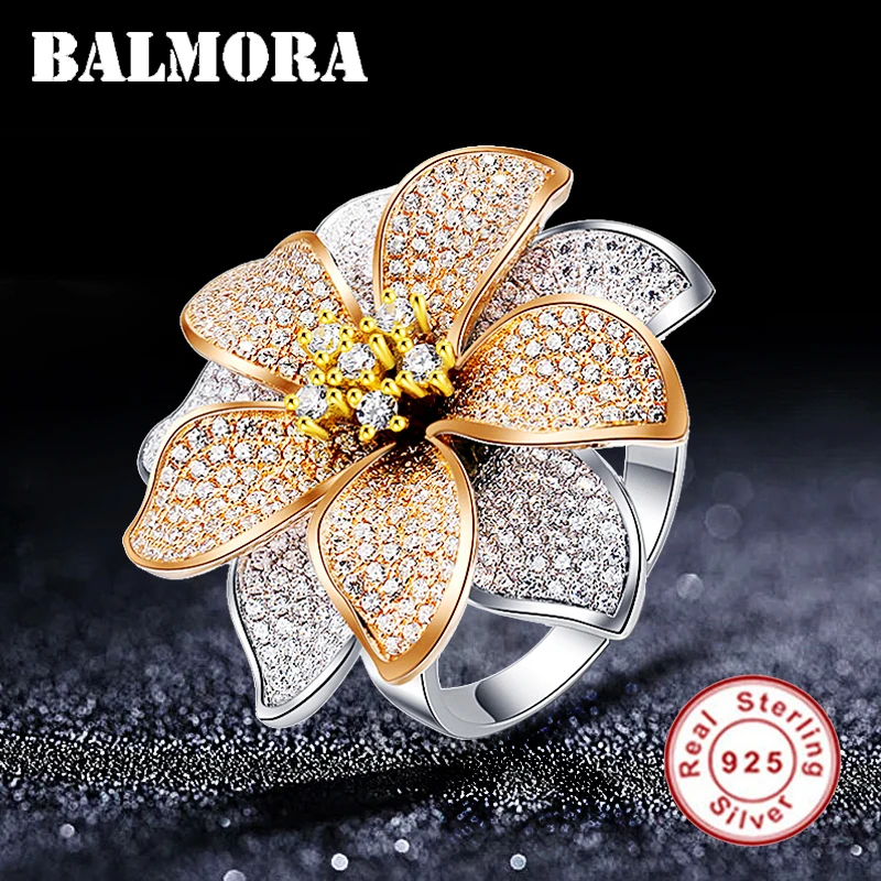 BALMORA Настоящее серебро 925 пробы красивый цветок из циркона кольца для женщин любовница подарок Мода розовое золото ювелирные изделия Anillos