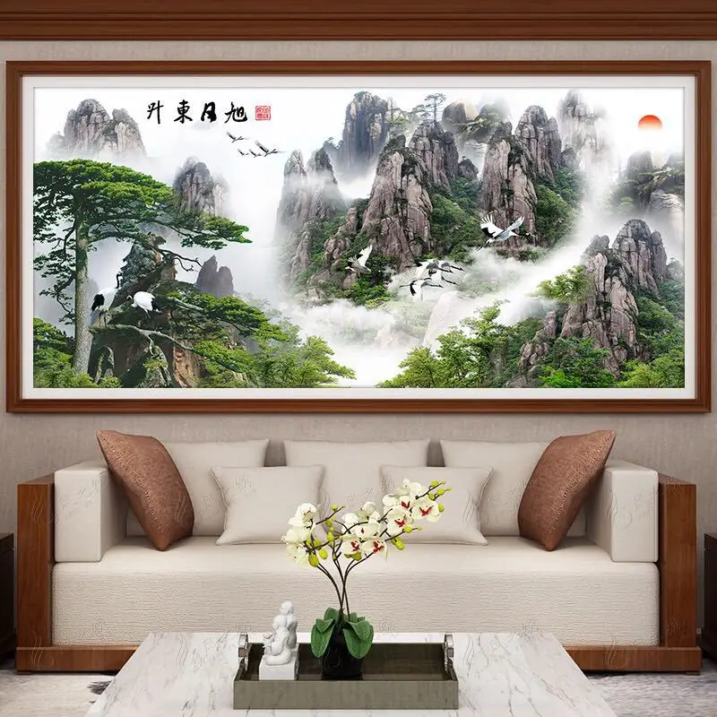 QIANZEHUI алмазная вышивка круглые алмазы восходящие солнце приветливые сосны