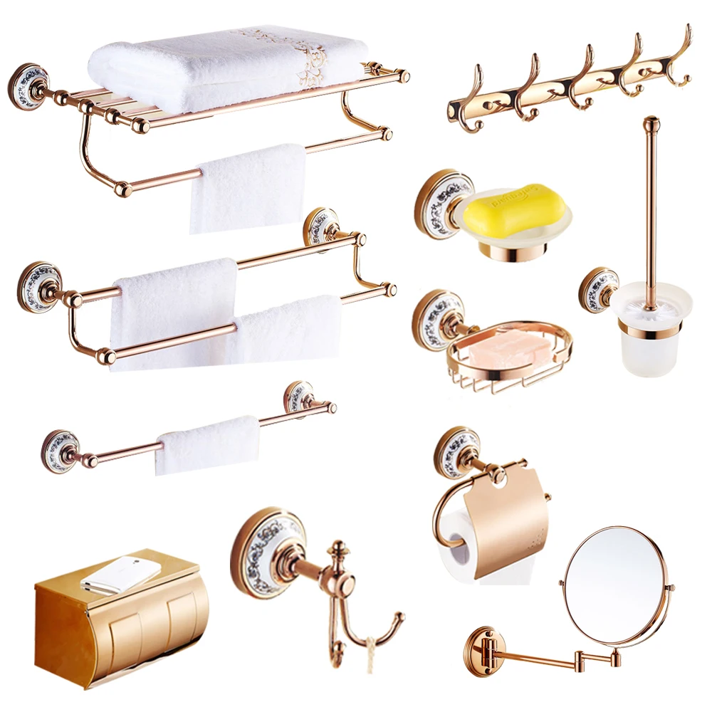 Buy Bathroom copper bathrom makeup mirror European rose gold toilet brush holder double cup bathroom hardware pendant set on