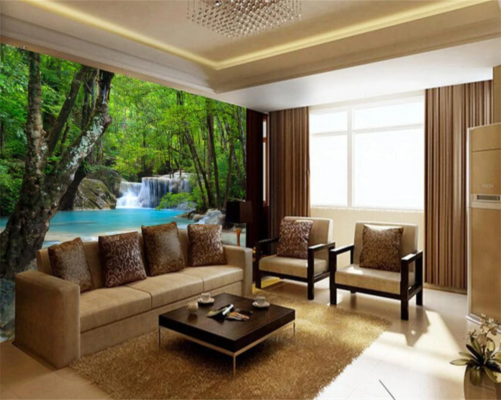 3D обои для гостиной спальни с объемным изображением лесных рек водопадов |