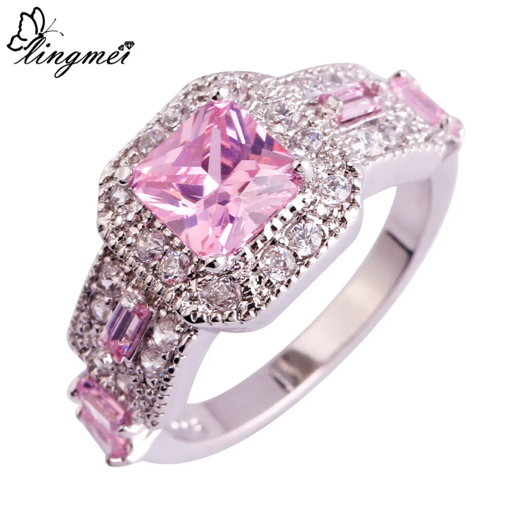 Lingmei очаровательное розовое и белое CZ Серебряное кольцо Размер 6 7 8 9 10 11