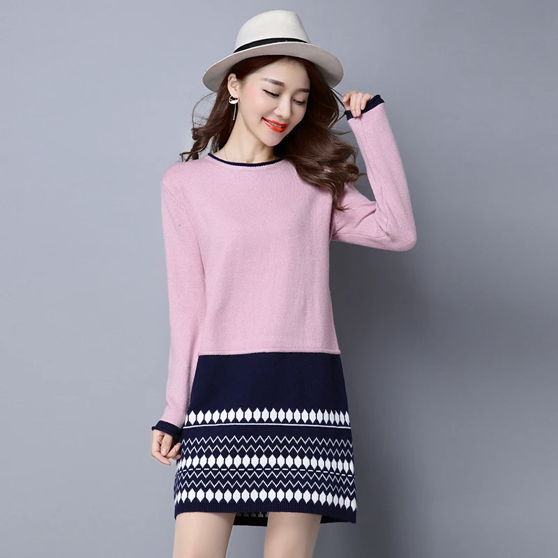 2017 Модное новое трикотажное платье-свитер с круглым вырезом Женский пуловер