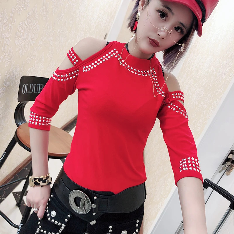 Футболки женские летние топы со стразами в стиле панк рок футболки с