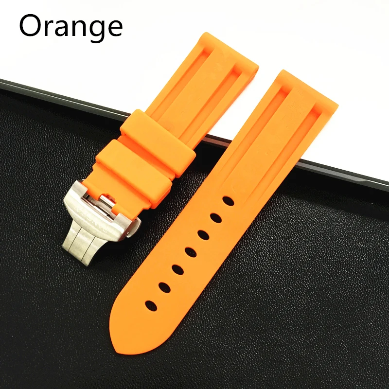 MERJUST 22mm 24mm Black Orange Blue Red Silicone Rubber Whatchband For PAM 44mm Case Watch Strap with Butterfly Buckle engraving