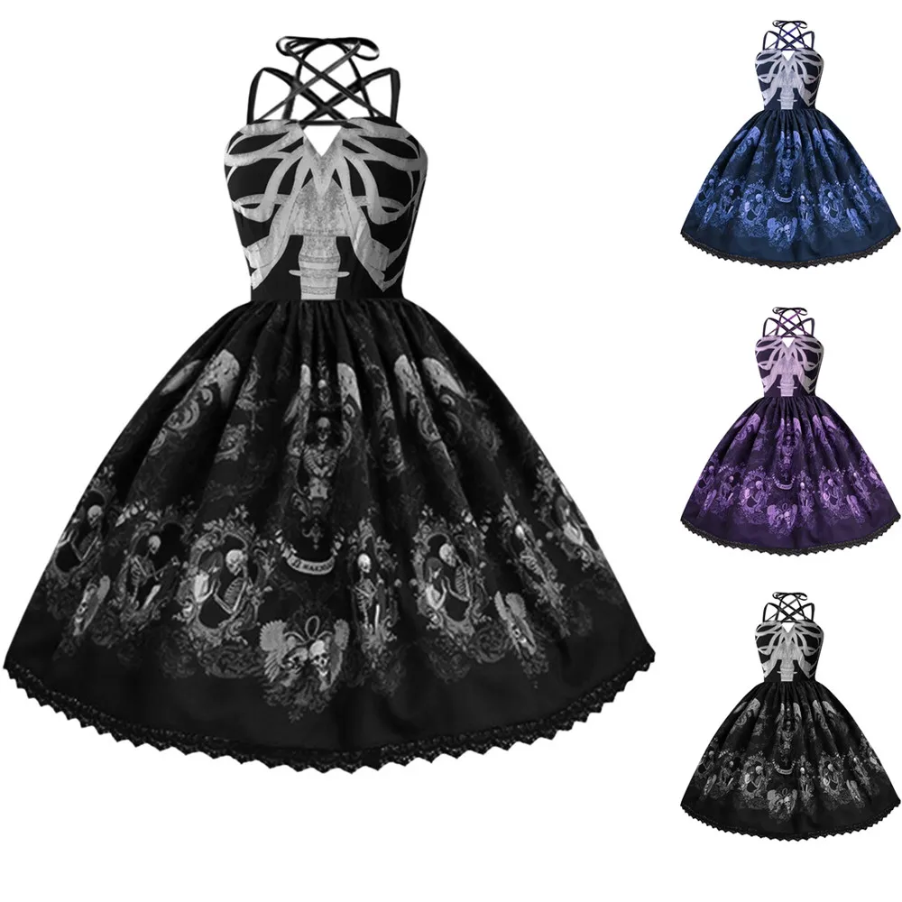 Женское элегантное платье в стиле Хепберн летнее панк с принтом черепа и