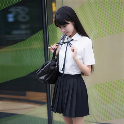 black short sleeves Корейская школьная форма, костюм для выступлений, студенческий костюм, Женская японская школьная форма, белая рубашка+ юбка+ воротник, веревка+ носки - Цвет: black short sleeves