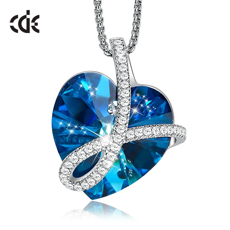 Blue CDE LOVE YOU FOREVER, Кристальное ожерелье, подвеска в виде сердца, украшенная кристаллами Swarovski, женский подарок, серебряная цепочка, ожерелье - Цвет камня: Blue