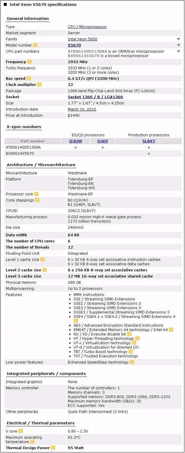 Процессор Intel Xeon X5670/2,93 ГГц/LGA1366/12 МБ кэш L3/шесть ядер/серверный процессор