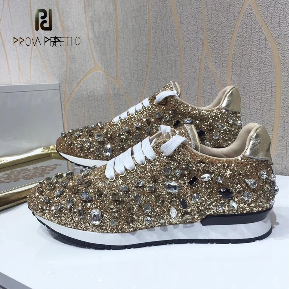 Prova Perfetto bling diamond женская повседневная обувь на шнуровке Стразы sequine кроссовки обувь на толстой подошве модная обувь для девочек