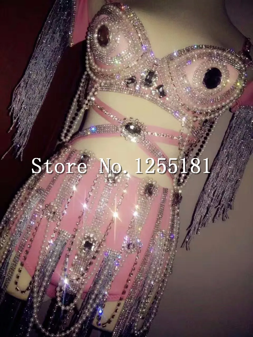 Bling Rhinestone Rose Bikini Pearls Tassel Chains Outfit Women's Sexy Party Wear Clothing Set Sequins Bodysuits Costumes