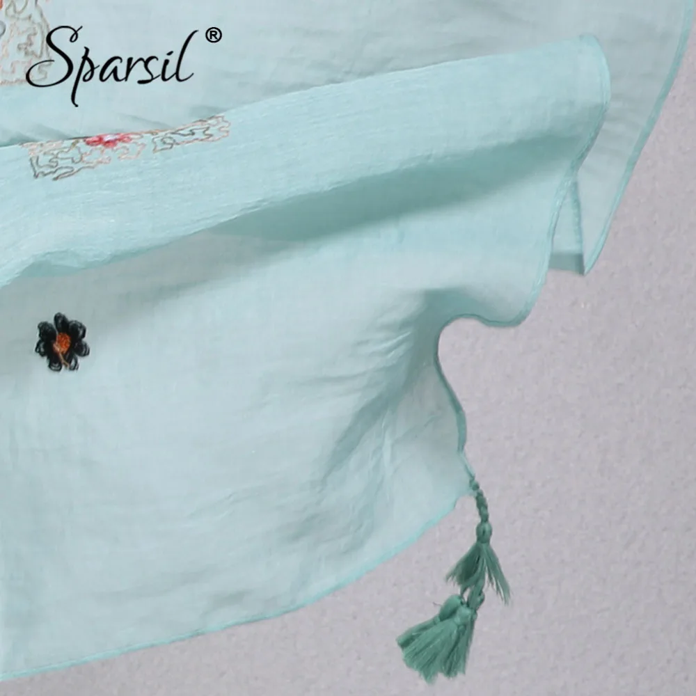 Sparsil, Женский однотонный шарф из хлопка и льна, Ретро стиль, вышивка, повседневная большая шаль, 180x90, весна-осень, защита от солнца, мягкие шарфы