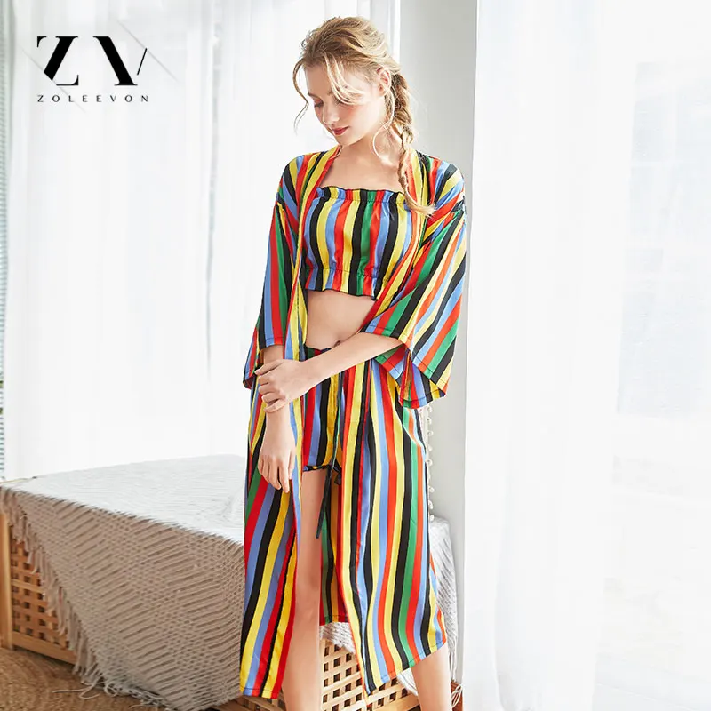ZOLEEVON 3 Pcs Striped Sexy Women Pajama Sets Bra+Robe+Pant Female Pajamas vintage women robes rainbow | Женская одежда