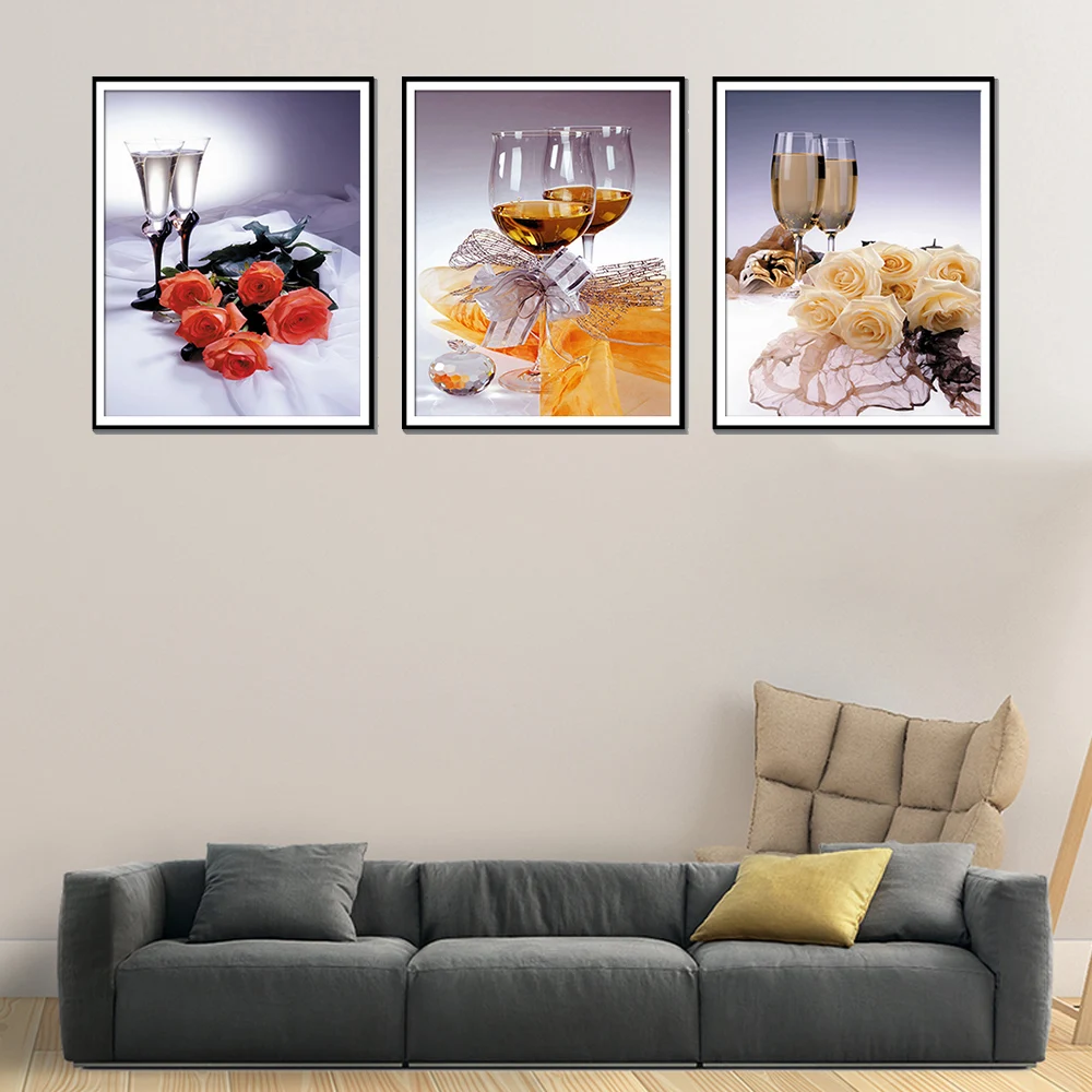 Три wall art печатные изображения hd стеклянный стакан для полоскания рта вино холст