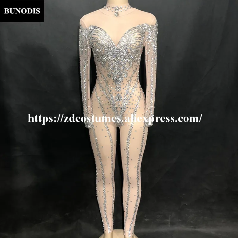 ZD27802 Hot Sell Net Yarn Series Women Sexy Bling Jumpsuit Silver Glass Sparkling Crystals Bodysuit Nightclub Party Fashion Show