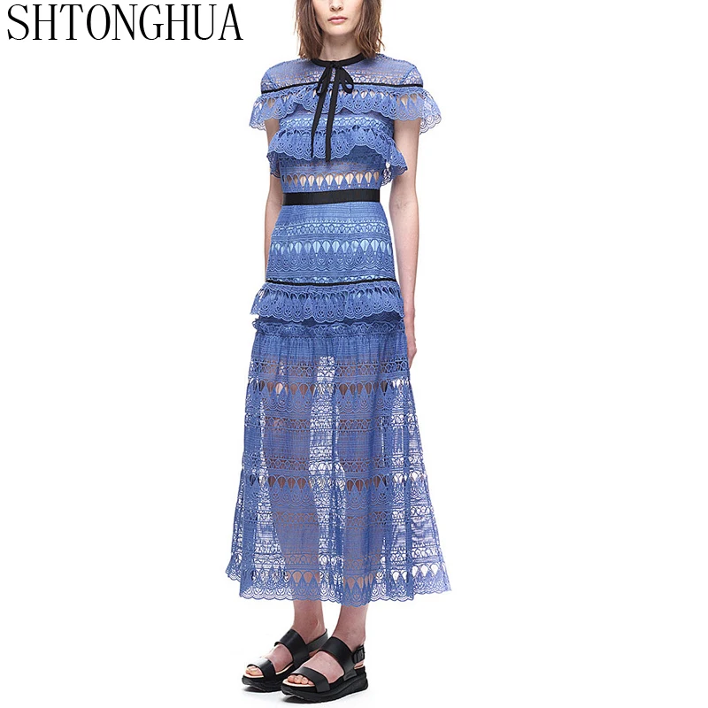 Женское длинное платье SHTONGHUA кружевное с оборками и коротким рукавом вечернее
