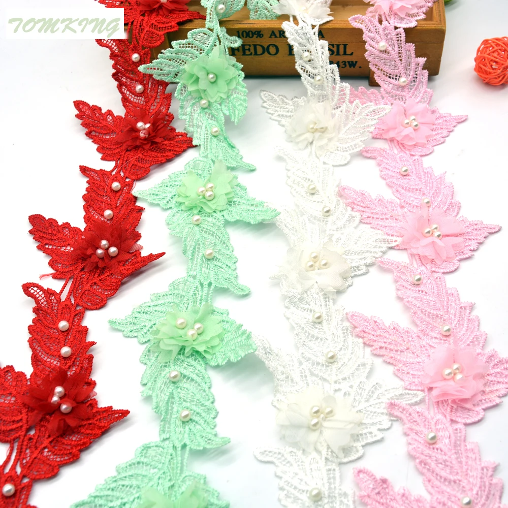 Новинка 10 шт./год плетеная кружевная лента с жемчужными листьями и вышивкой
