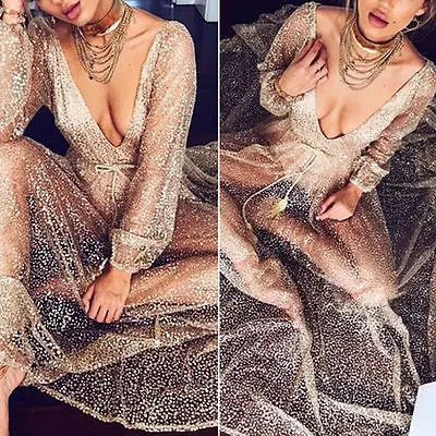 Женское длинное вечернее платье в стиле бохо Пляжное золотистое с v образным