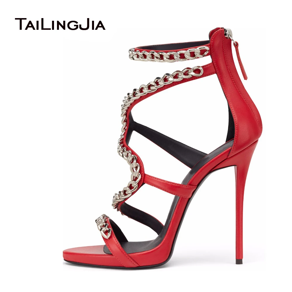 Дизайнерская женская летняя вечерняя Обувь с цепочками красного и черного цвета