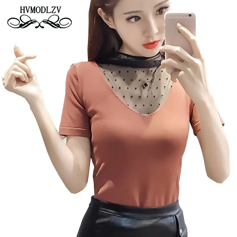 Футболка женская однотонная с V образным вырезом пикантная кружевная Облегающая