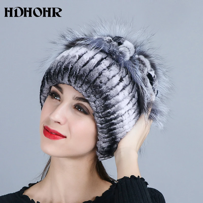 HDHOHR 2018 НОВАЯ шапка из натурального меха шапки кролика Рекс серебристого лисьего