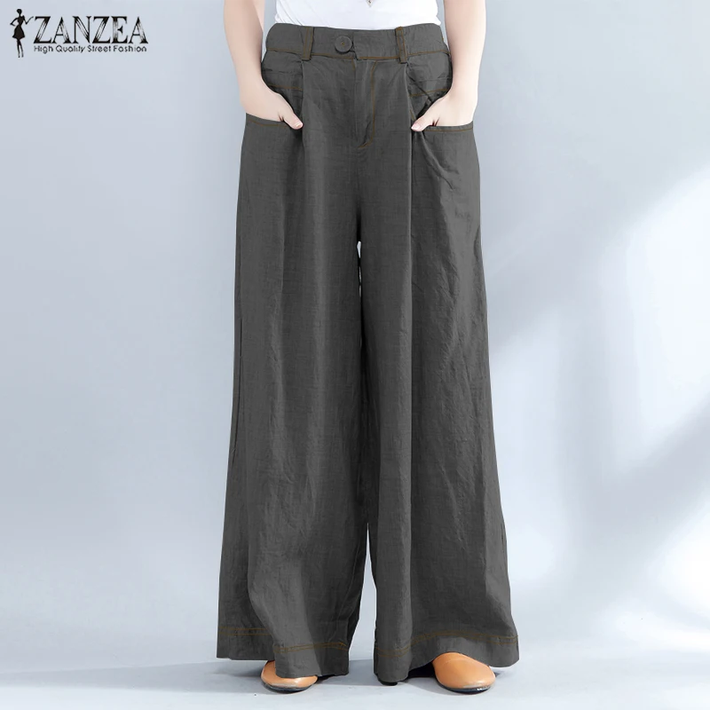 Фото Женские винтажные широкие брюки с высокой талией ZANZEA повседневные однотонные