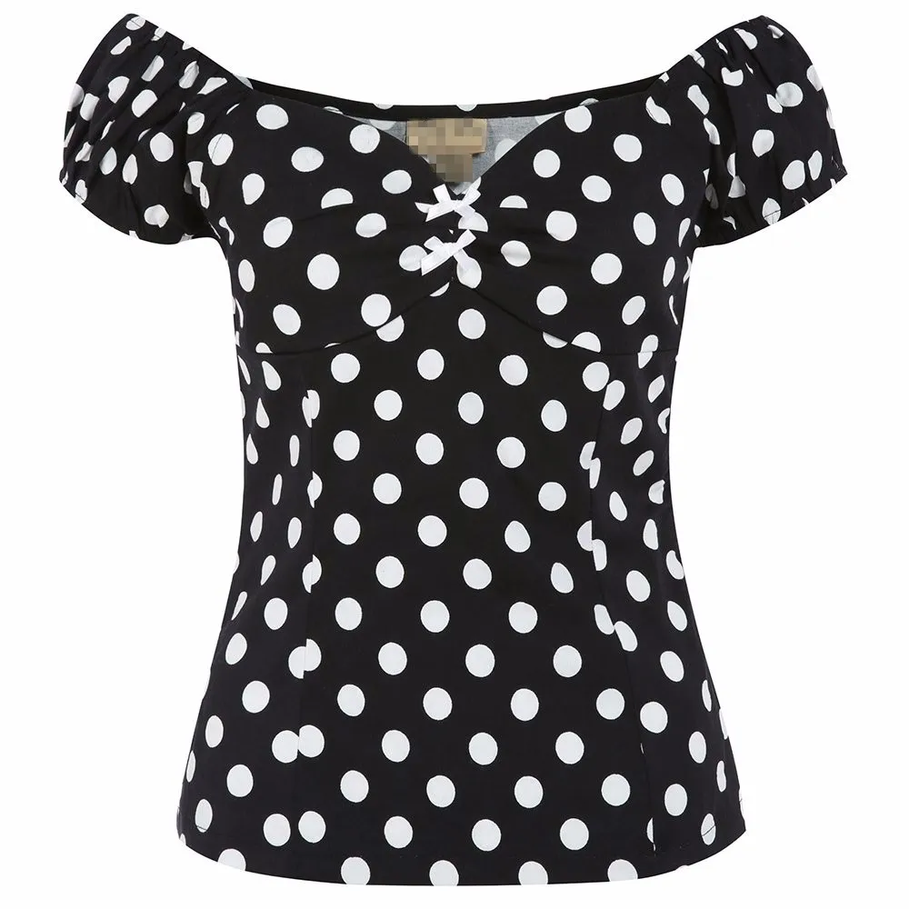 black polka dot 35-4 цвета летние женские винтажные 50s с бантом возлюбленный вырез с открытыми плечами рокабилли pinup Топ облегающие футболки футболка размера плюс - Цвет: black polka dot