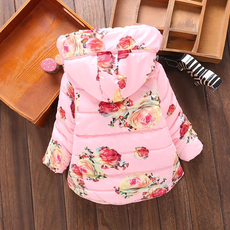 Baby Girls Floral Print Thick Warm Hooded Cotton Down Coats Snow Wear Children's Outerwears Clothes 2017 Winter |