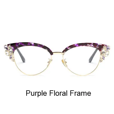 Purple Floral Frame Ralferty, Королевский кошачий глаз, оправа для очков, женские Стразы, по рецепту, оптическая оправа для очков, черные винтажные очки Oculos F97329 - Цвет линз: Purple Floral Frame
