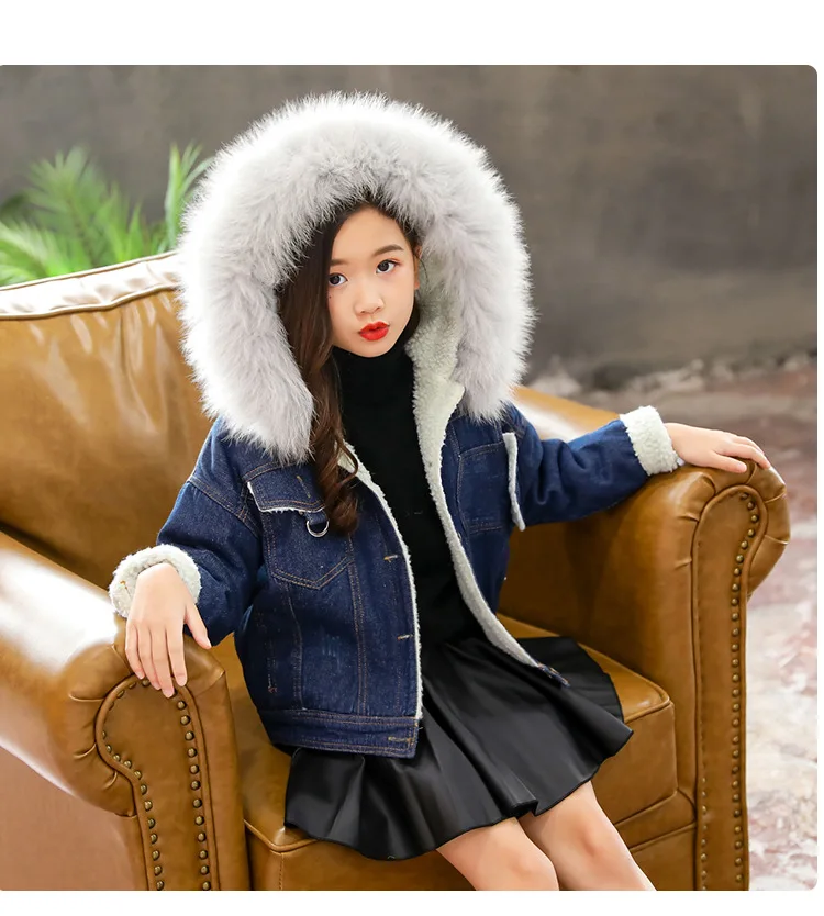 Джинсовые пальто для девочек; модные детские топы; парки с цветочным принтом и бархатной подкладкой; детская зимняя теплая одежда для девочек; От 7 до 14 лет